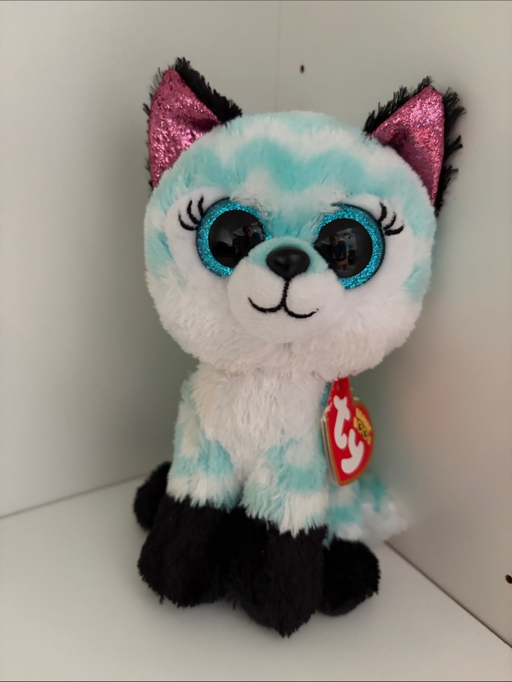 Ty Plush Blue White Fox with Teal Glitter Eyes and Pink Ears - Picture 1 of 1